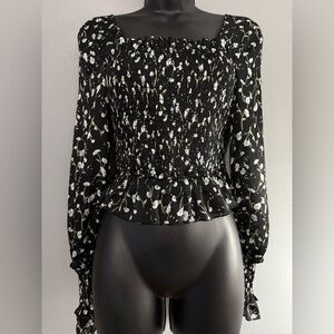 Black and White Floral Smocked Peplum Blouse